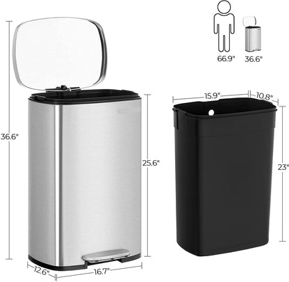 Kitchen Trash Garbage Can, Pedal Stainless Steel Rubbish Bin 13.2 Gal (50L) with Plastic Inner Bucket - HWLEXTRA 
