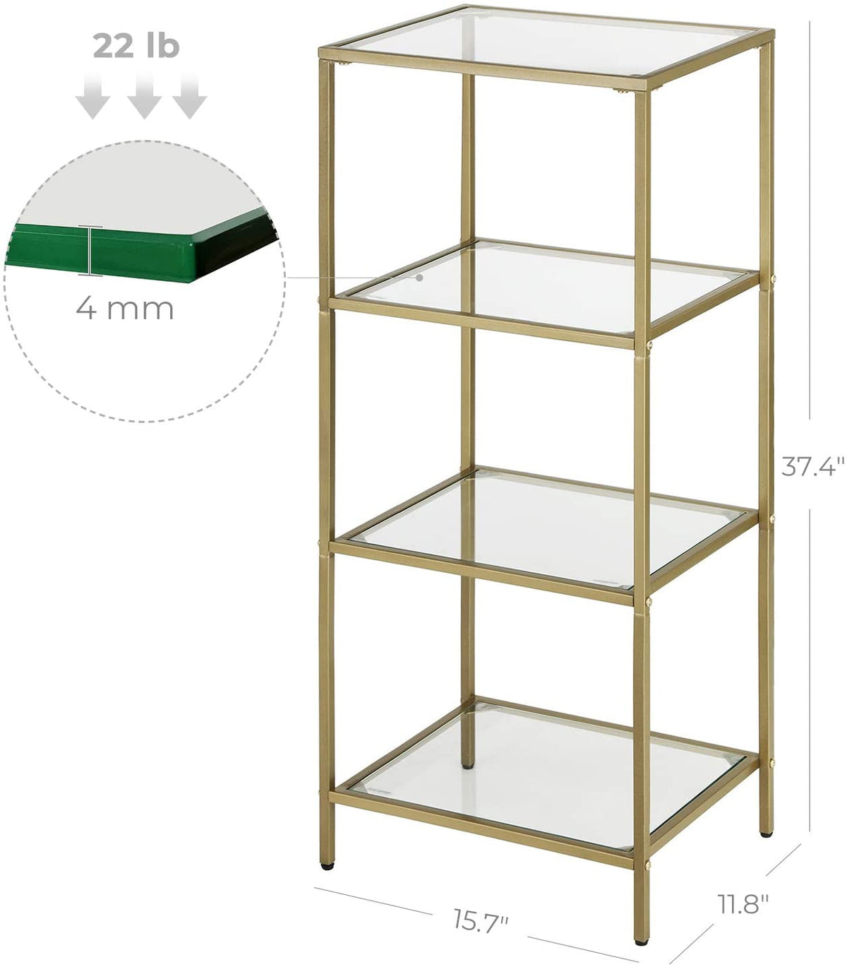 Gold Storage Shelf, Tempered Glass Storage Rack, 4-Tier Display Shelf - HWLEXTRA 