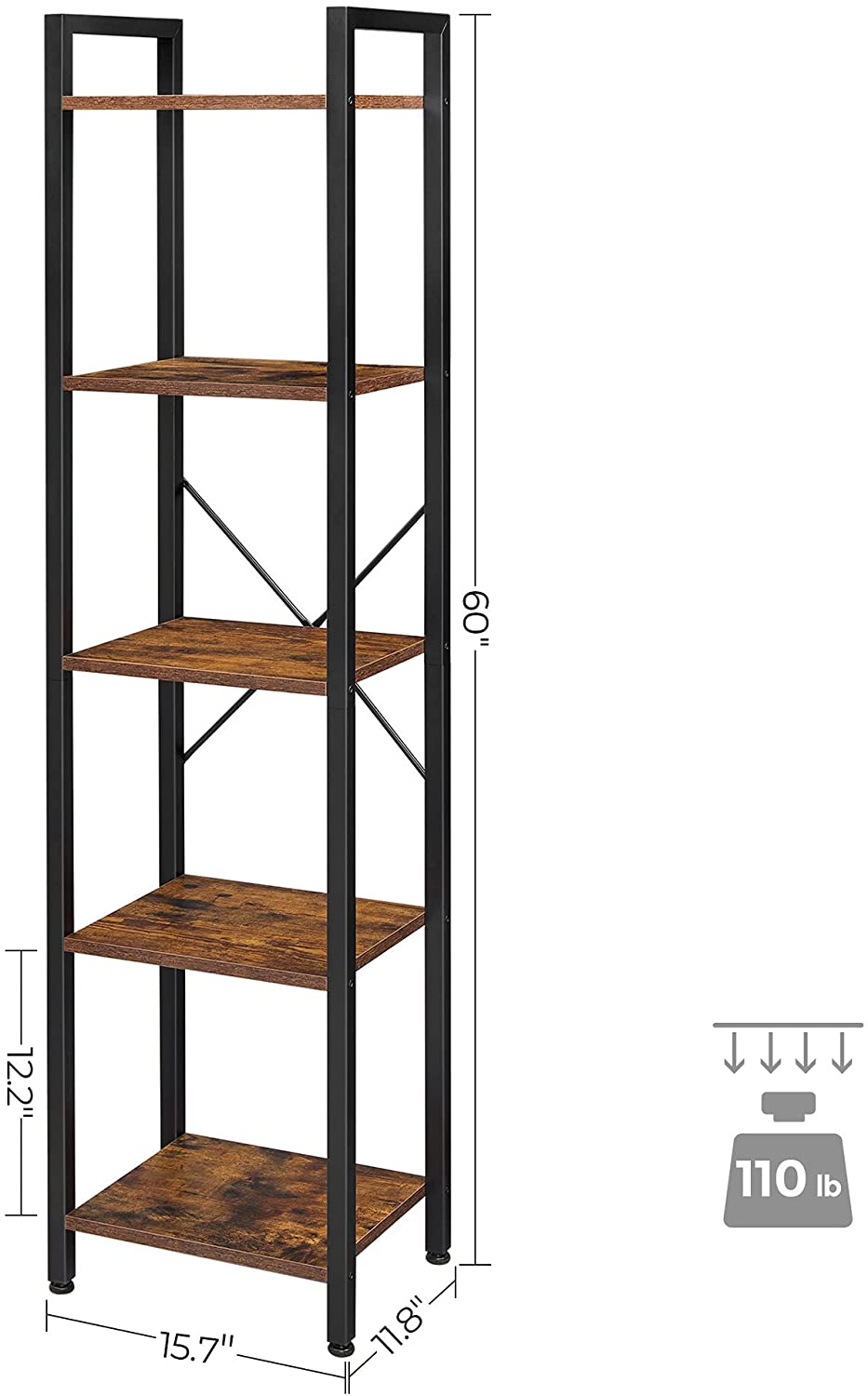 5-Tier Bookshelf, Bookcase, Storage Shelving Unit with 5 Shelves, for Study, 15.7 x 11.8 x 57.5 Inches, Industrial, Rustic Brown