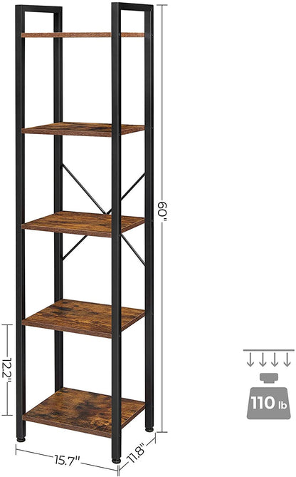 5-Tier Bookshelf, Bookcase, Storage Shelving Unit with 5 Shelves, for Study, 15.7 x 11.8 x 57.5 Inches, Industrial, Rustic Brown