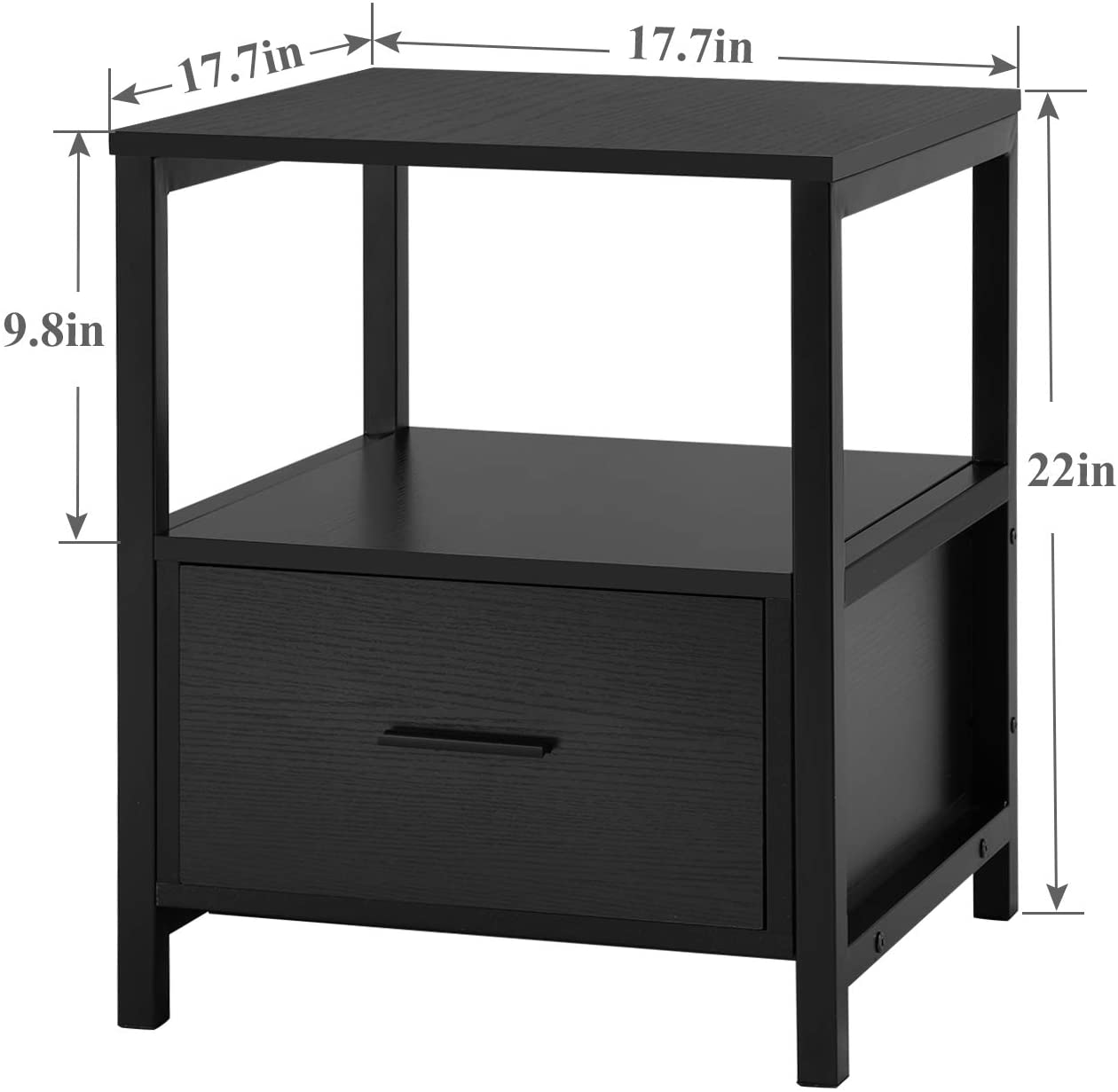 2-Tier Nightstand with Drawer, Modern End, Bedside Table for Bedroom, Stable Metal Frame (Black, 2 Pack)