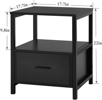 2-Tier Nightstand with Drawer, Modern End, Bedside Table for Bedroom, Stable Metal Frame (Black, 2 Pack)