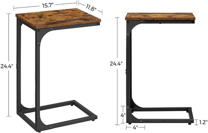 Slim End Table, Sofa Side Table, C-Shaped Snack Table, TV Tray Table with Metal Frame, Rustic Brown and Black