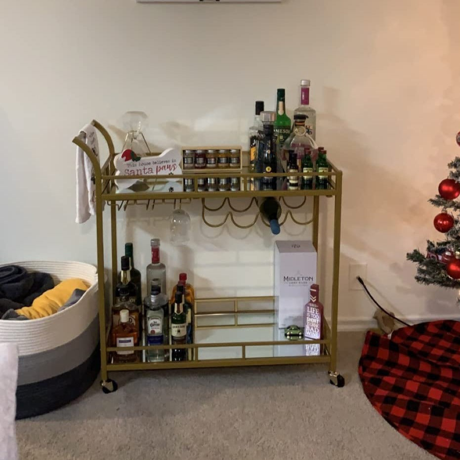 Bar Cart Gold, Home Bar Serving Cart, Wine Cart with 2 Mirrored Shelves