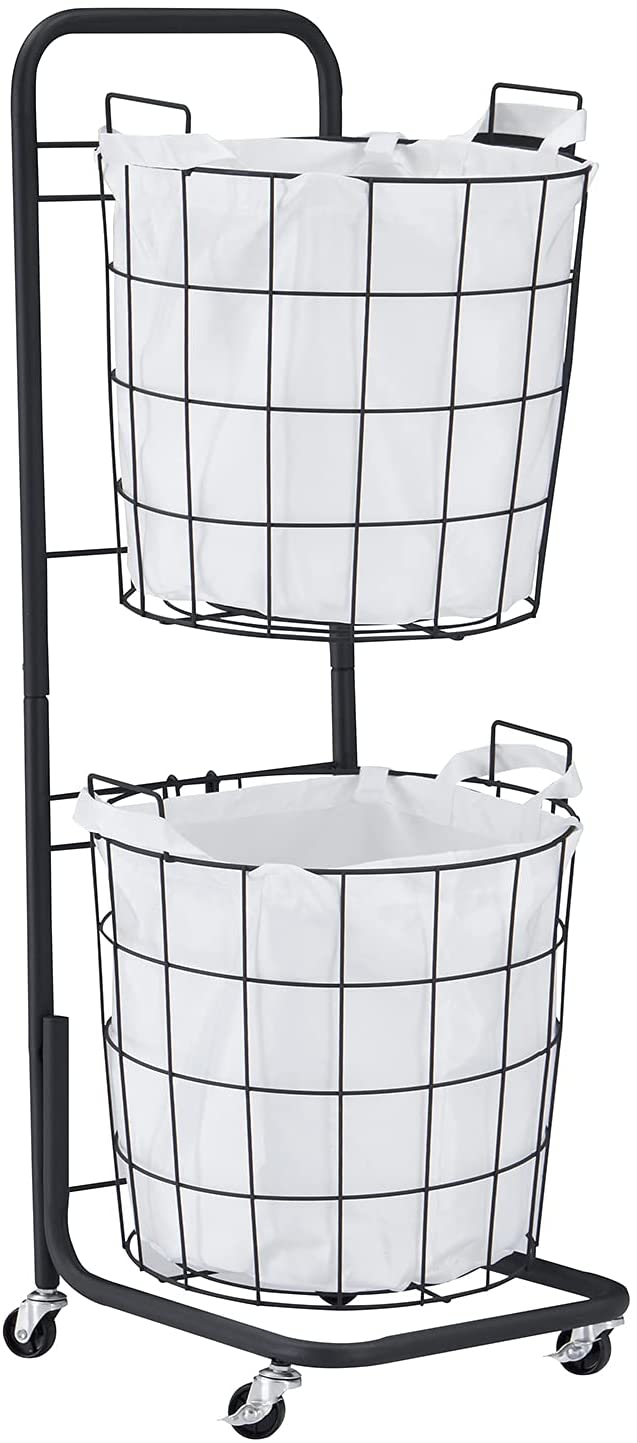 Rolling Laundry Hamper with 2 Removable Wire Basket, Bathroom Multi-layer Clothes Storage Cart