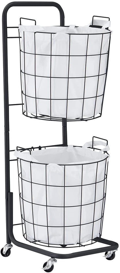Rolling Laundry Hamper with 2 Removable Wire Basket, Bathroom Multi-layer Clothes Storage Cart