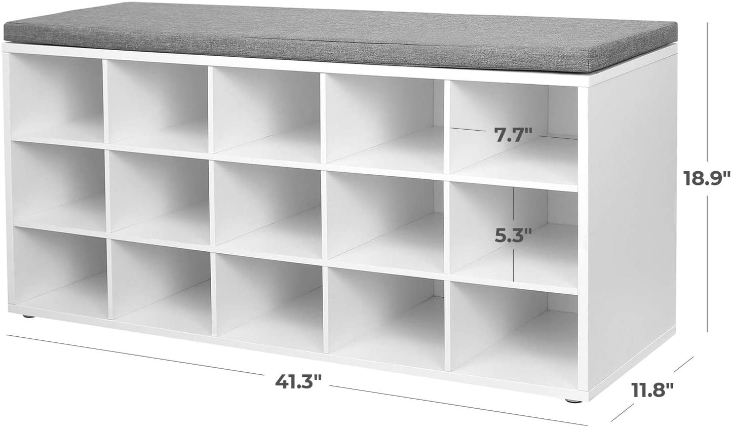 Shoe Bench with Cushion, 15-Cube Storage Bench, Holds up to 440 lb - HWLEXTRA 
