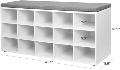 Shoe Bench with Cushion, 15-Cube Storage Bench, Holds up to 440 lb - HWLEXTRA 