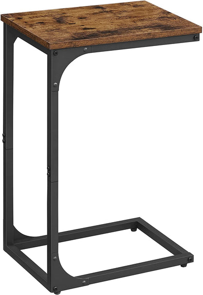 Slim End Table, Sofa Side Table, C-Shaped Snack Table, TV Tray Table with Metal Frame, Rustic Brown and Black
