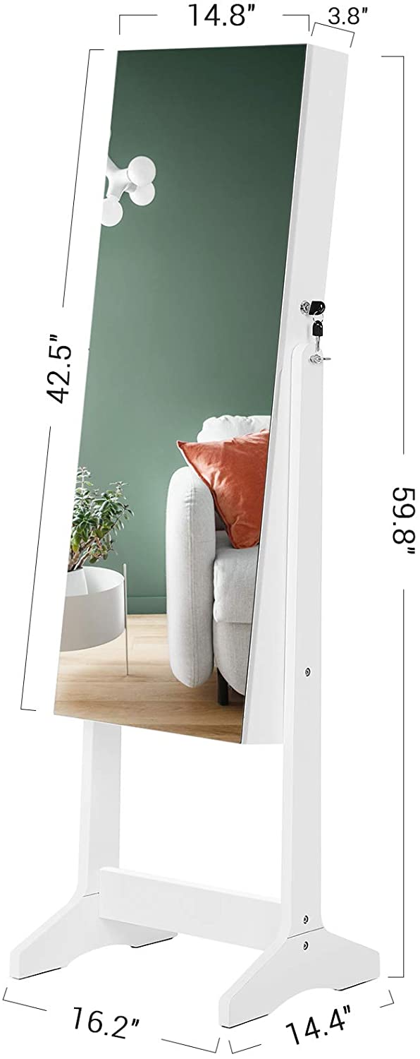Mirror Jewelry Cabinet Armoire, Freestanding Lockable Storage Organizer Unit with 2 Plastic Cosmetic Storage - HWLEXTRA 