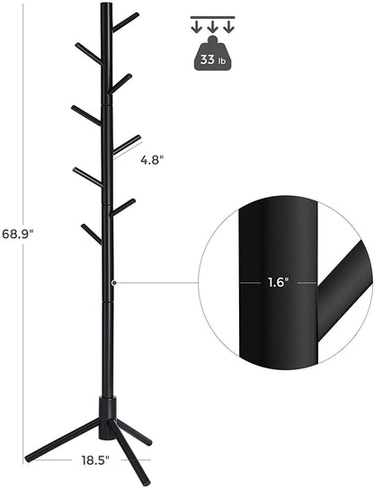 Coat Rack Freestanding, Coat Tree, Solid Wood Coat Stand with 8 Hooks for Coats, Rubberwood, Black