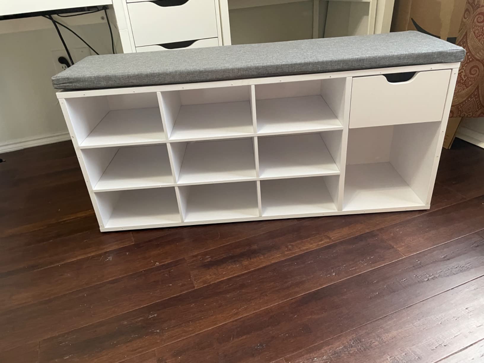 Shoe Bench, Storage Bench with Drawer and Open Compartments, Shoe Shelf, Padded Seat