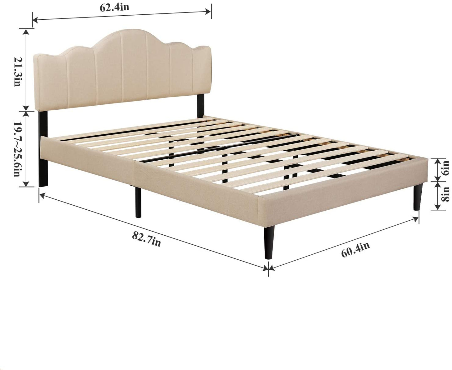 Upholstered Platform Bed Frame with Height Adjustable Headboard, Mattress Foundation