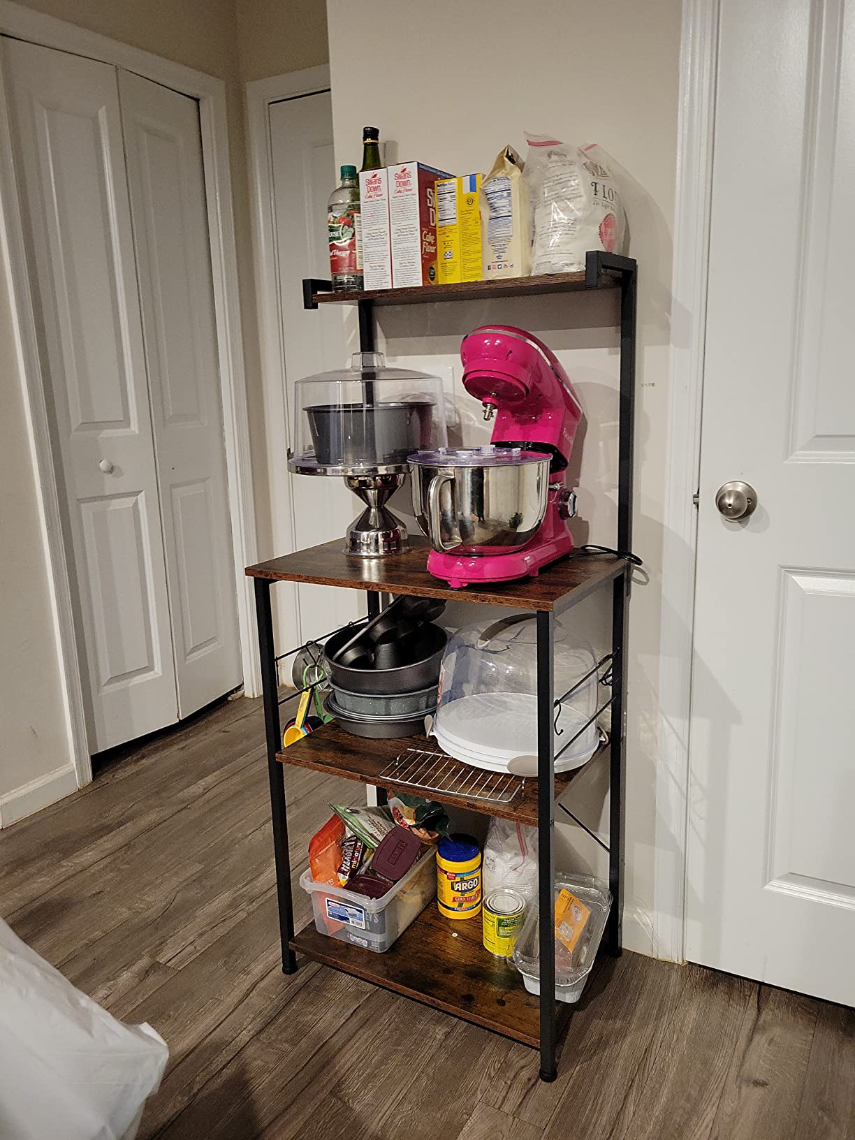 Kitchen Storage, Bakers Rack, Coffee Bar, 3-Tier Shelf, 6 S-Hooks, for Microwave, Spice Jars