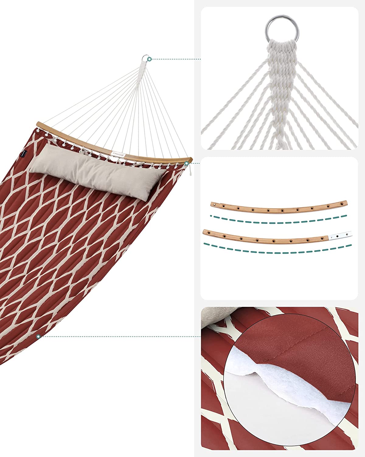 Hammock, Quilted Hammock with Curved Bamboo Spreaders, Pillow, 78.7 x 55.1 Inches - HWLEXTRA 