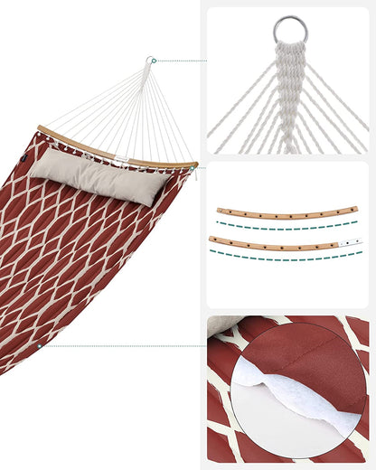 Hammock, Quilted Hammock with Curved Bamboo Spreaders, Pillow, 78.7 x 55.1 Inches - HWLEXTRA 