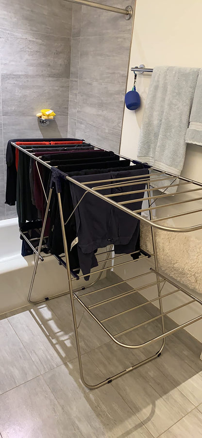 Clothes Drying Rack, Foldable 2-Level Stable Indoor Airer, Free-Standing Laundry Stand - HWLEXTRA 