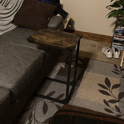 Slim End Table, Sofa Side Table, C-Shaped Snack Table, TV Tray Table with Metal Frame, Rustic Brown and Black