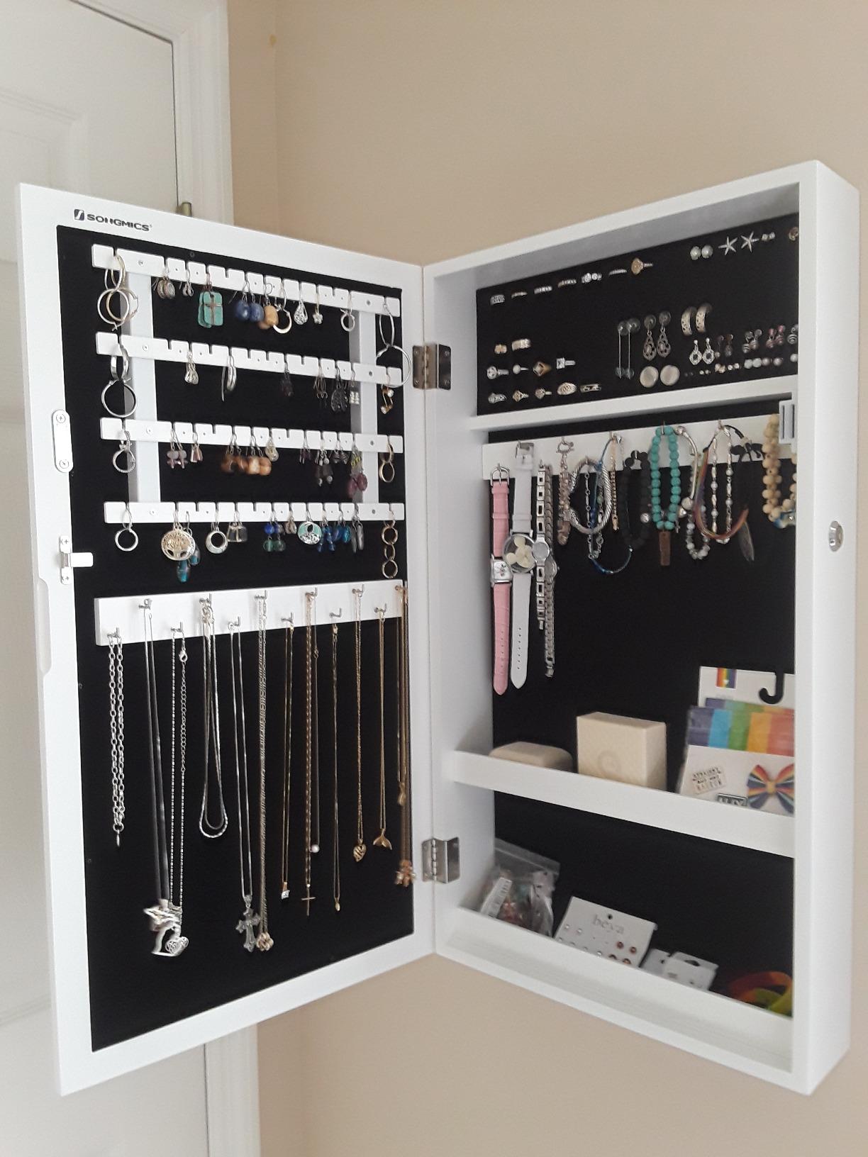 Lockable Jewelry Cabinet Armoire with Mirror, Wall-Mounted Space Saving Jewelry Storage Organizer, Rustic Brown - HWLEXTRA 