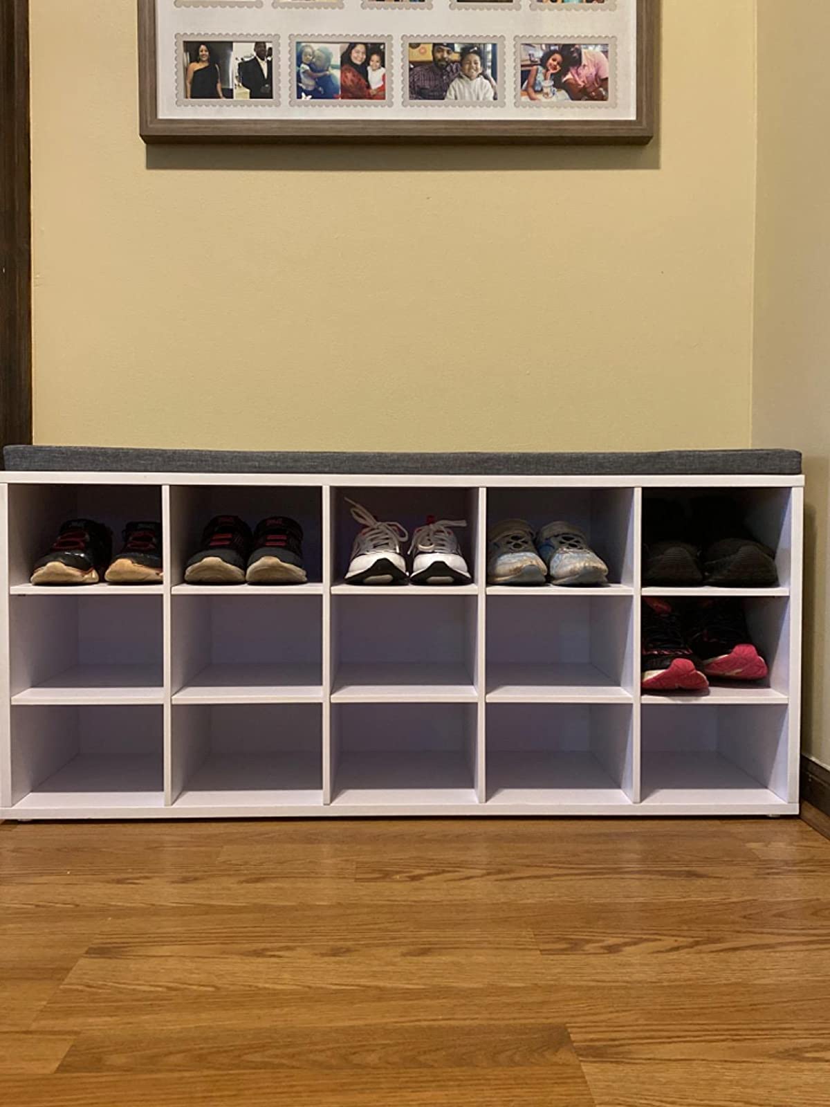 Shoe Bench with Cushion, 15-Cube Storage Bench, Holds up to 440 lb - HWLEXTRA 