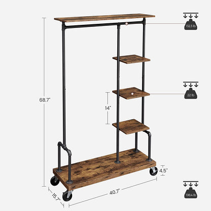 Industrial Brown Clothing Rack on Wheels - HWLEXTRA