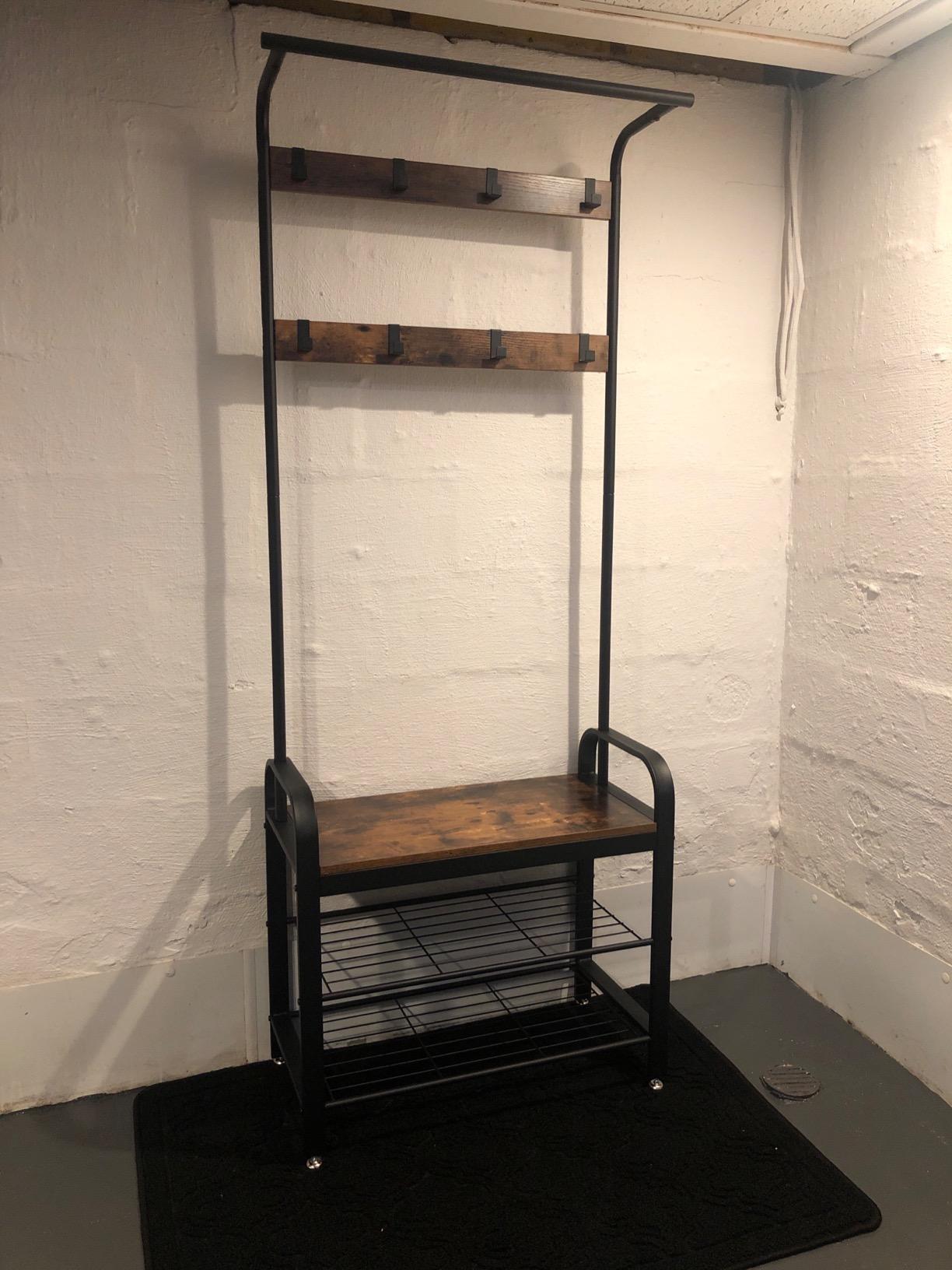 Coat Rack, Hall Tree with Shoe Bench for Entryway, Industrial Accent Furniture with Steel Frame - HWLEXTRA 
