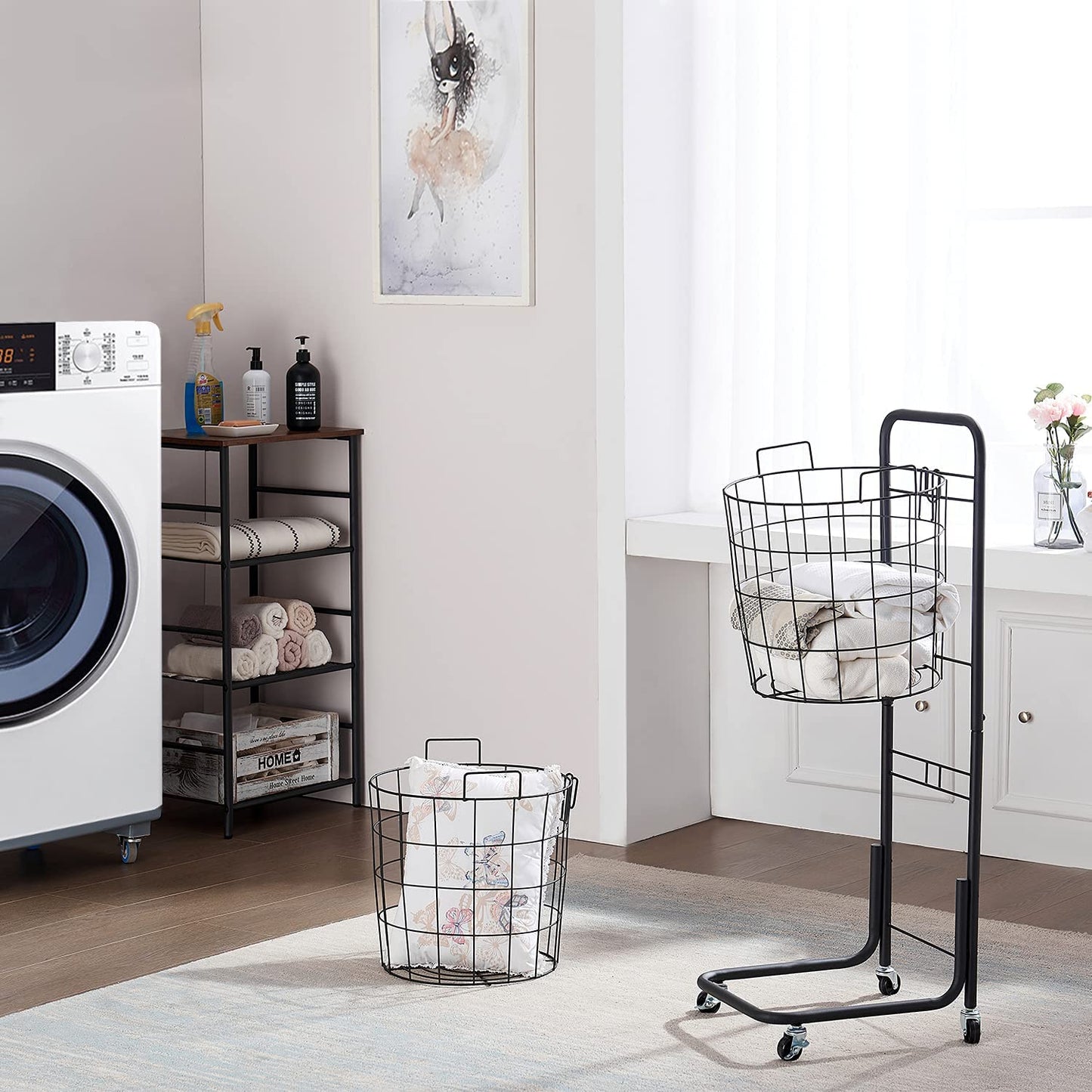 Rolling Laundry Hamper with 2 Removable Wire Basket, Bathroom Multi-layer Clothes Storage Cart