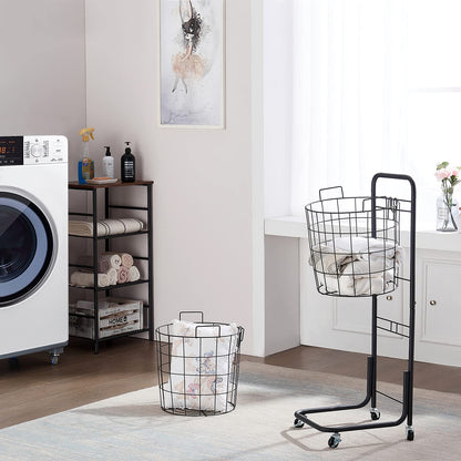 Rolling Laundry Hamper with 2 Removable Wire Basket, Bathroom Multi-layer Clothes Storage Cart