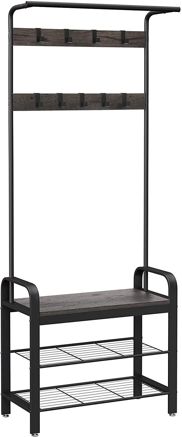 Coat Rack, Hall Tree with Shoe Bench for Entryway, Industrial Accent Furniture with Steel Frame, 3-in-1 Design, Easy Assembly - HWLEXTRA 