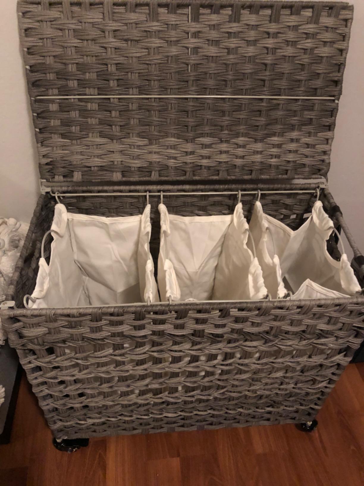 Handwoven Laundry Hamper, Rattan-Style Laundry Basket with 3 Removable Bags, Handles, Laundry Sorter with Lid