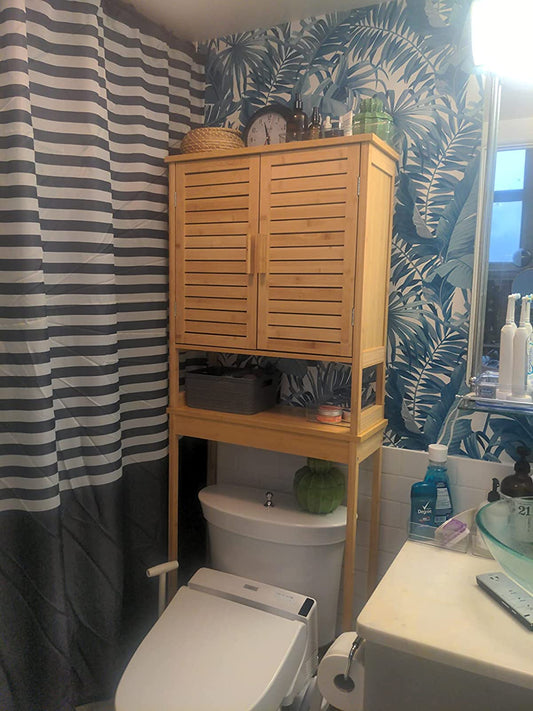 Over-the-Toilet Storage, Bathroom Cabinet with Adjustable Inside Shelf and Bottom Stabilizer Bar, Space-Saving Toilet Rack - HWLEXTRA 