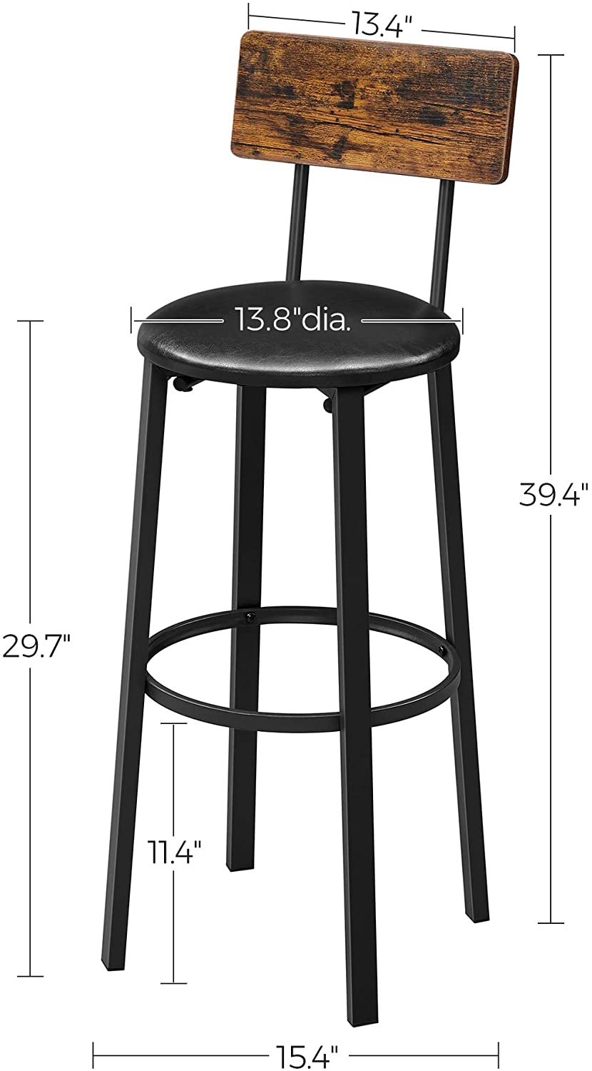 Bar Stools, Set of 2 PU Upholstered Breakfast Stools, 15.4 x 15.4 x 39.4 Inches