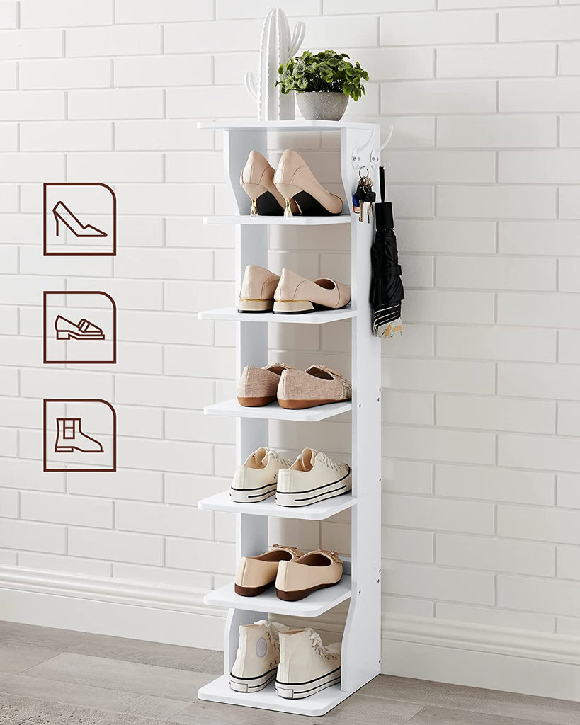 VASAGLE 7 Tier Vertical Shoe Rack, Narrow Shoe Storage Organizer with  Hooks, Slim Wooden Corner Shoe Tower Rack, Robust and Durable, Space Saving  for Entryway and Bedroom, White, Black