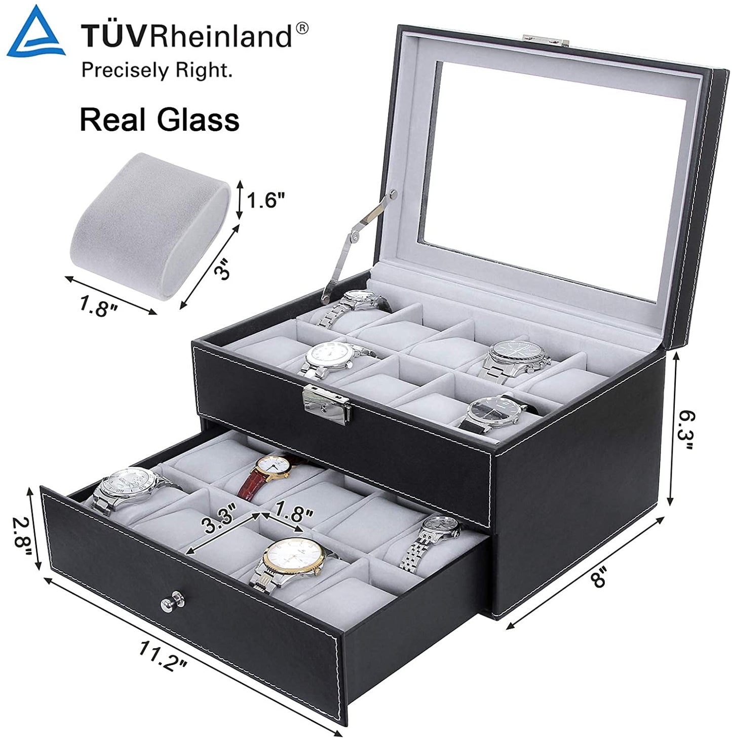 Watch Box 20 Mens Case Glass Top Black and Gray Display Organizer Lockable
