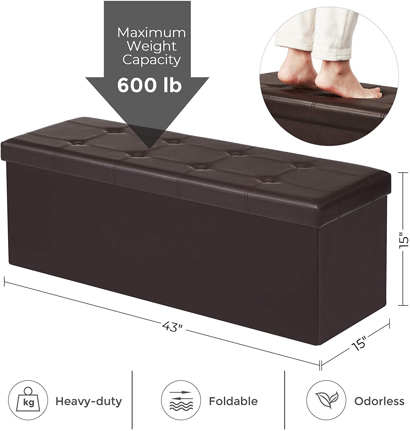 Brown Foldable Storage Ottoman Bench - HWLEXTRA