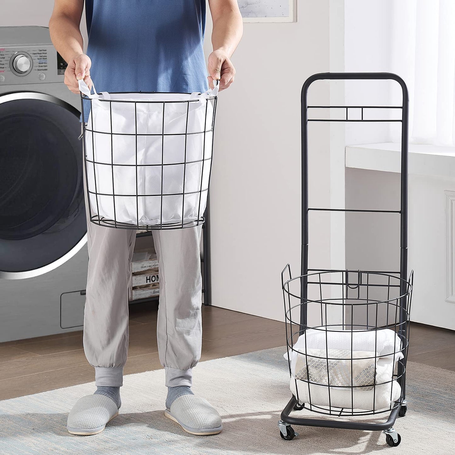 Rolling Laundry Hamper with 2 Removable Wire Basket, Bathroom Multi-layer Clothes Storage Cart