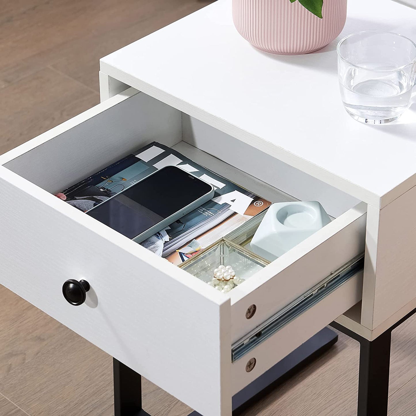 Wood End Table with Drawer, Modern Nightstand with Metal, Set of Two,White