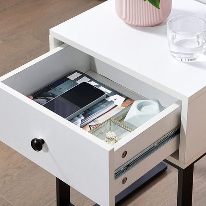 Wood End Table with Drawer, Modern Nightstand with Metal, Set of Two,White