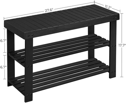 Black Shoe Rack Bench, 3-Tier Bamboo Shoe Organizer, Storage Shelf - HWLEXTRA 