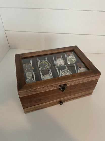 Solid Wood Watch Box, 8-Slot Watch Case with Pillows, Glass Lid, Rustic Walnut