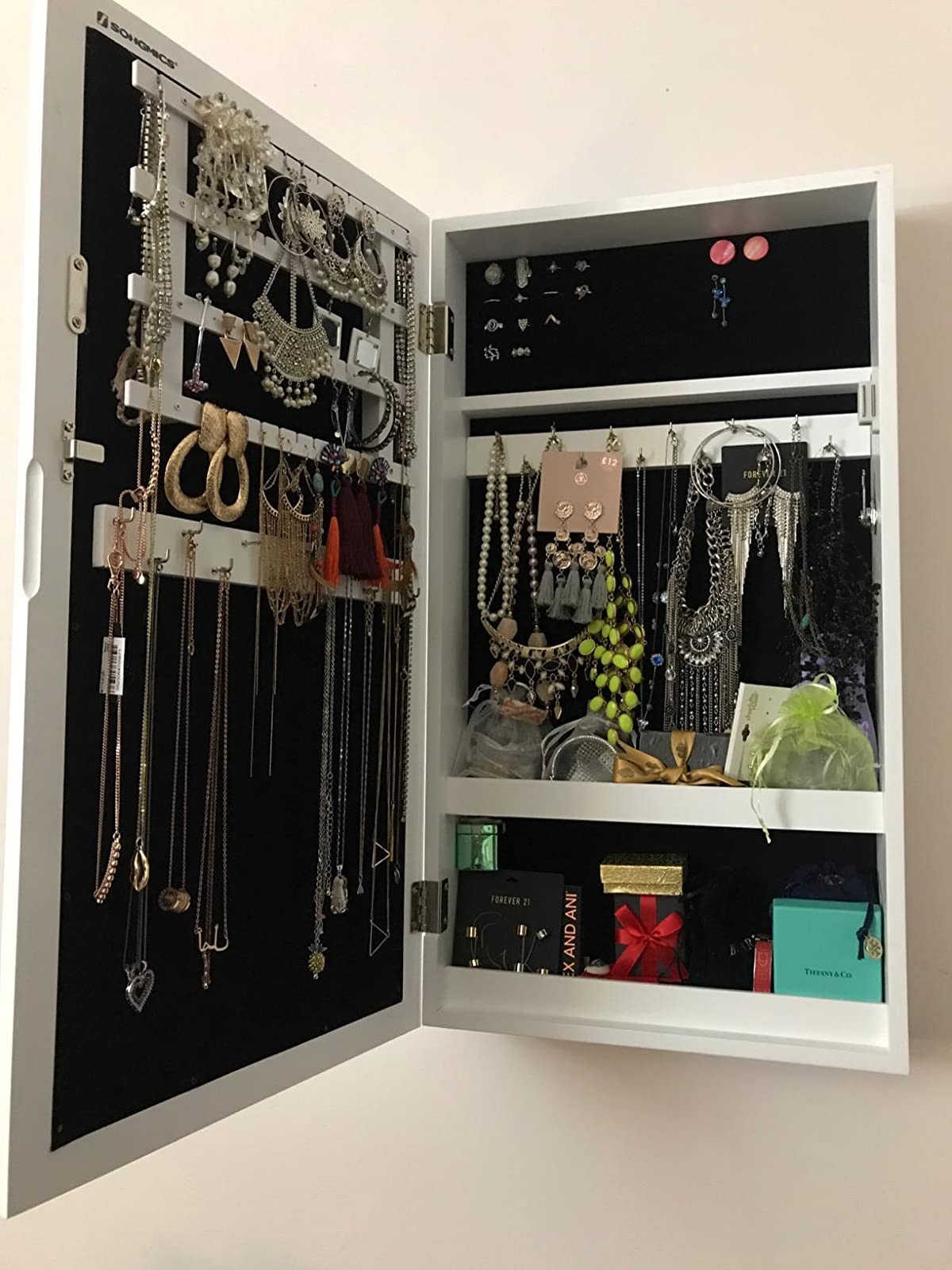 White Wall-Mounted Jewelry Armoire with Mirror - HWLEXTRA