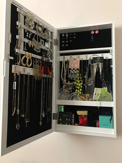White Wall-Mounted Jewelry Armoire with Mirror - HWLEXTRA