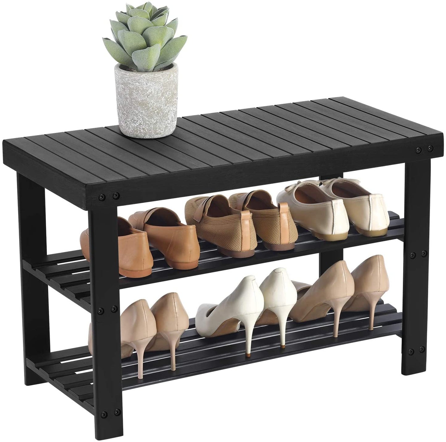 Black Shoe Rack Bench, 3-Tier Bamboo Shoe Organizer, Storage Shelf - HWLEXTRA 