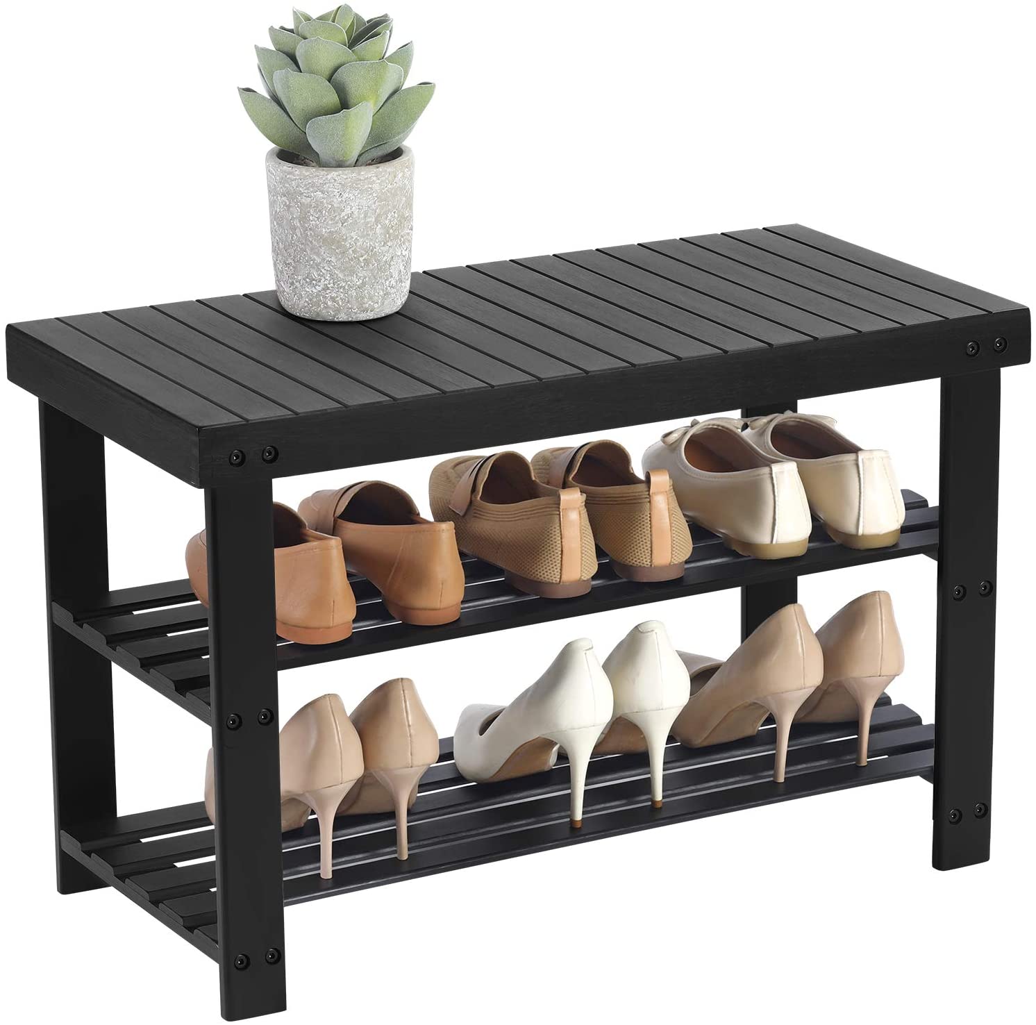Black Shoe Rack Bench, 3-Tier Bamboo Shoe Organizer, Storage Shelf - HWLEXTRA 