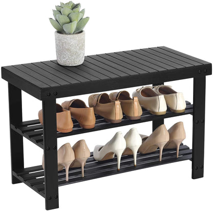 Black Shoe Rack Bench, 3-Tier Bamboo Shoe Organizer, Storage Shelf - HWLEXTRA 
