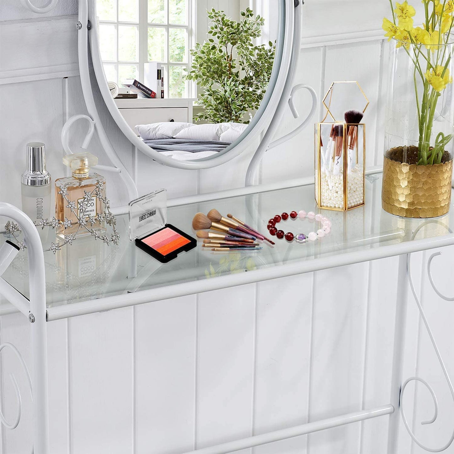 Classic Metal Set Bedroom Vanity with Glass Table Stool and Adjustable Mirror (White)