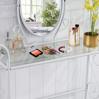 Classic Metal Set Bedroom Vanity with Glass Table Stool and Adjustable Mirror (White)