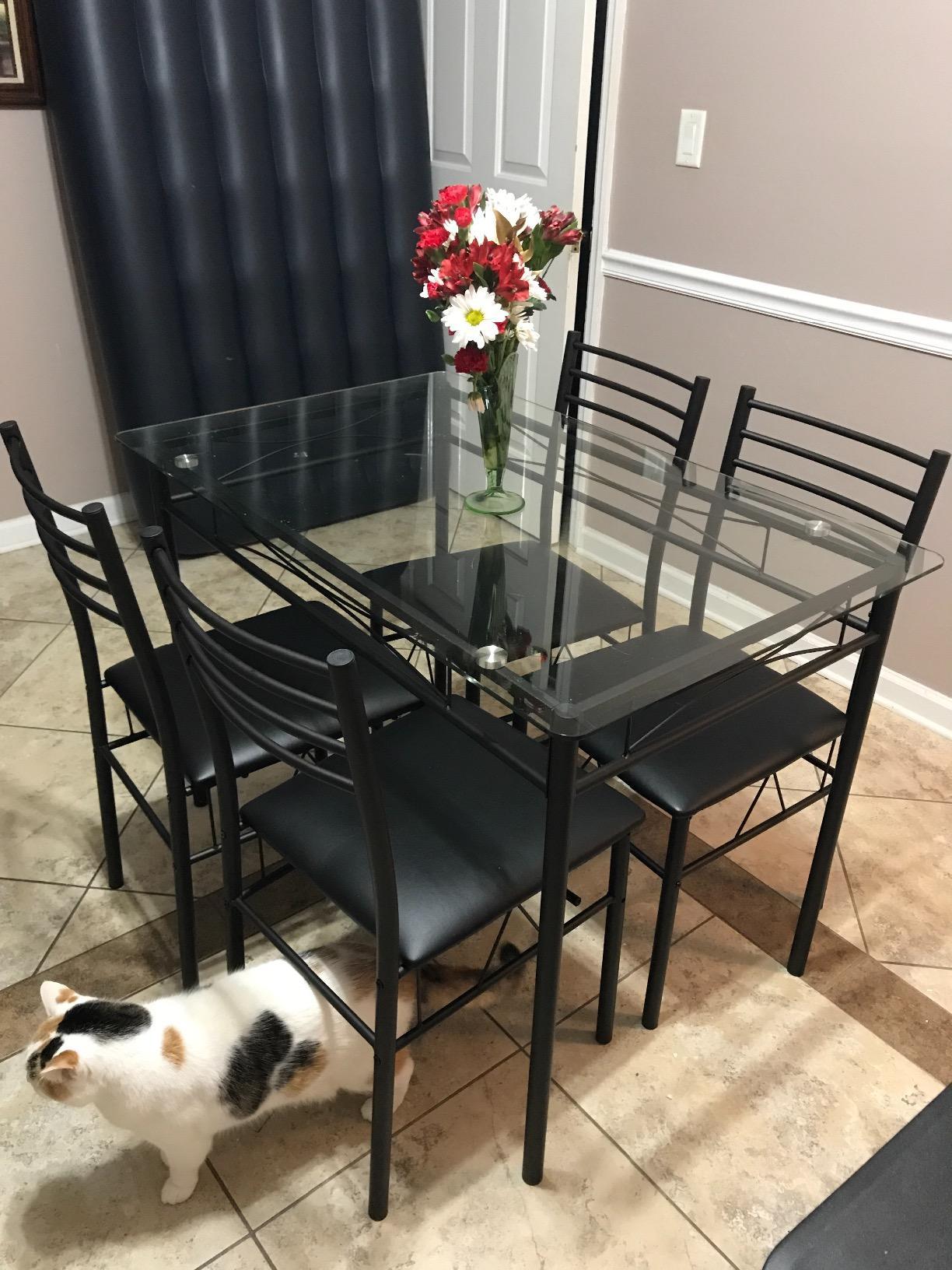 Glass top Dining Table with 4 Chairs [4 Placemats Included-] Silver X-Large