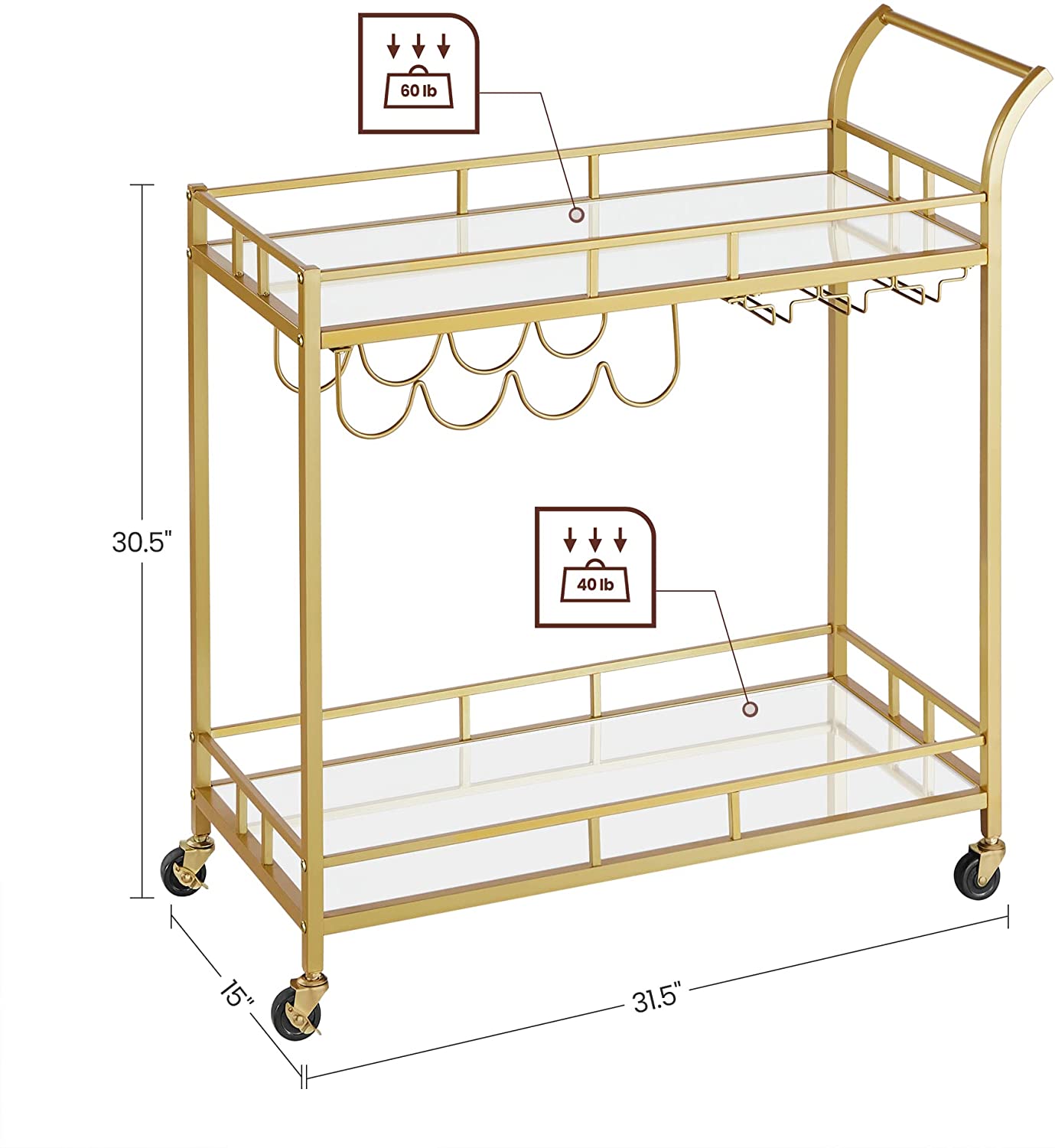 Bar Cart Gold, Home Bar Serving Cart, Wine Cart with 2 Mirrored Shelves