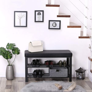 Brown Padded Storage Shoe Bench with Shelves - HWLEXTRA
